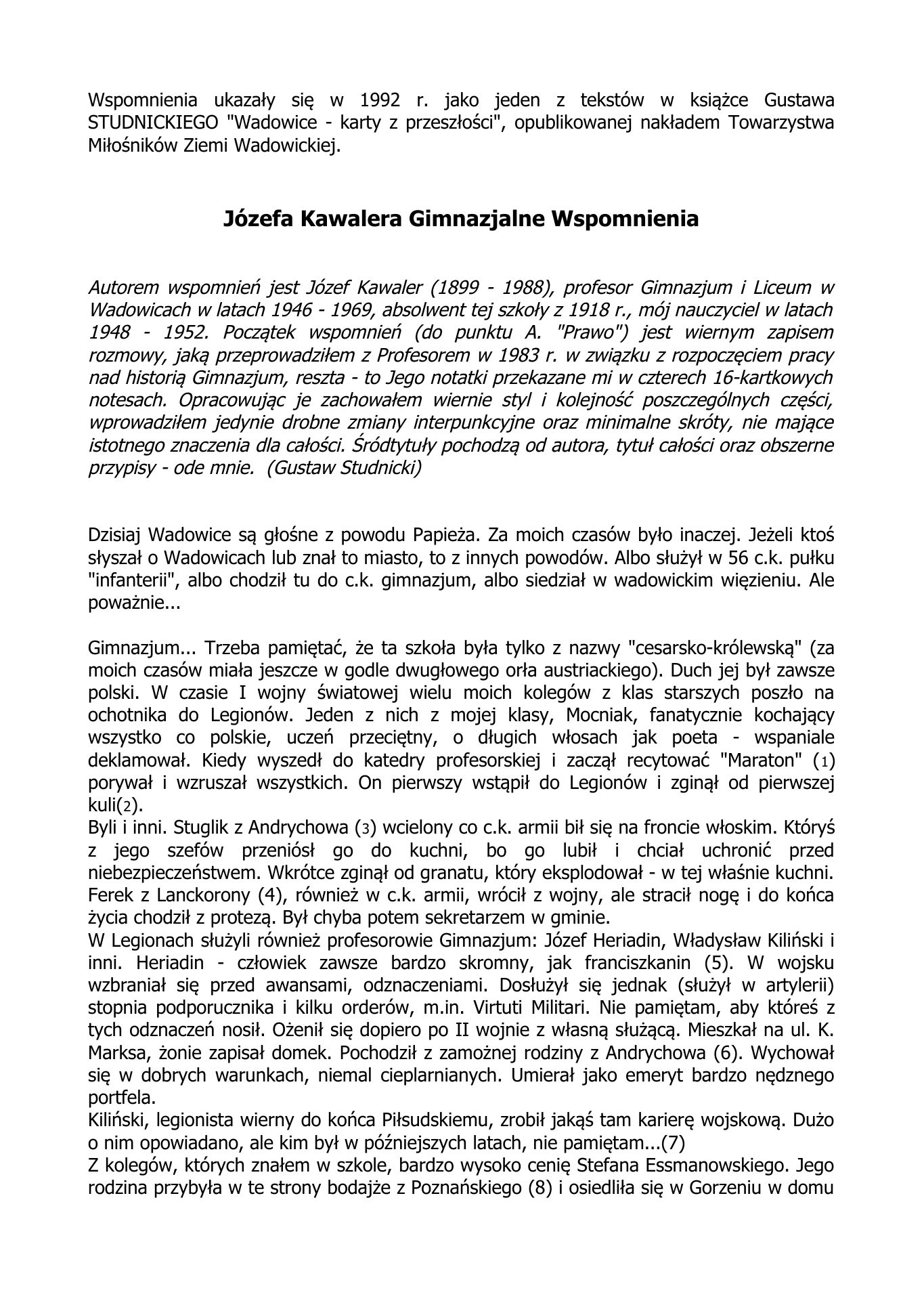 Jozef KAWALER. Gimnazjalne Wspomnienia — strona 1