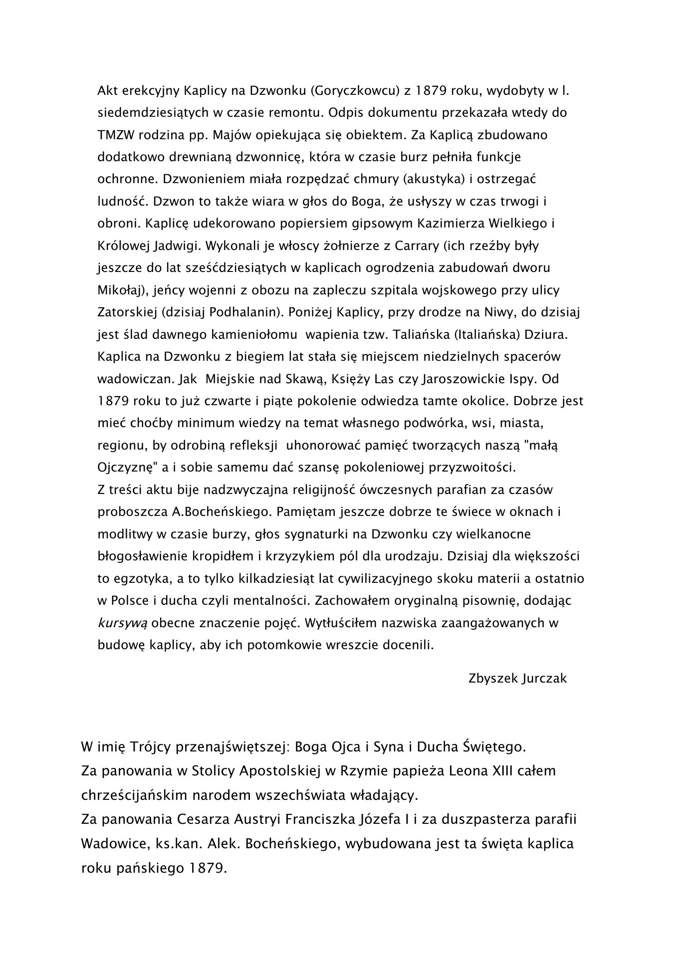 Kaplica na Dzwonku. Akt erygow. 2006. — strona 1