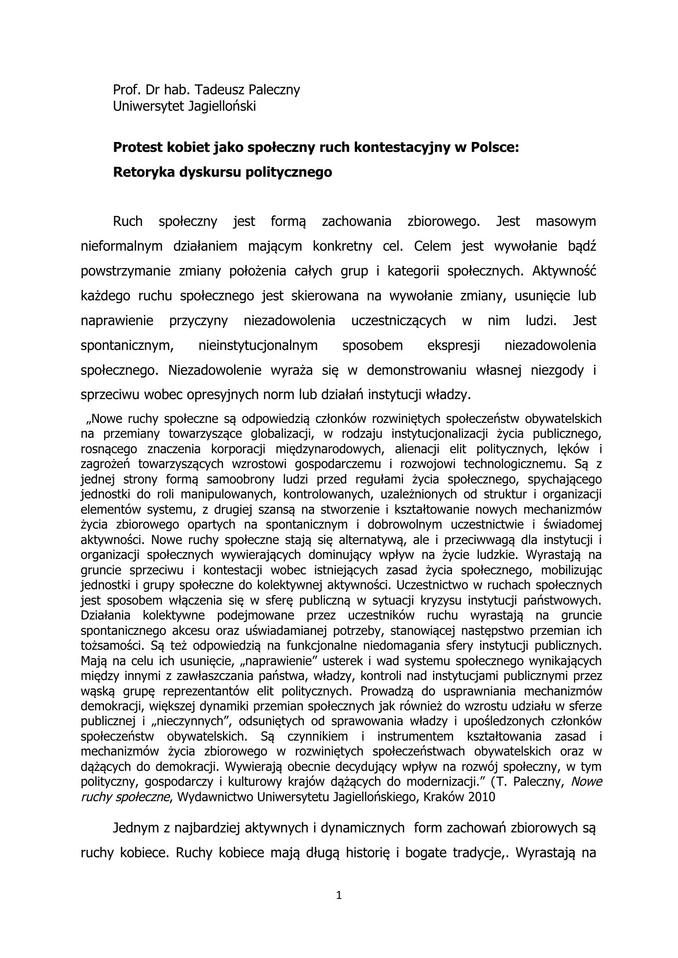 Kobiece ruchy protestu. T.Paleczny. 2021. — strona 1